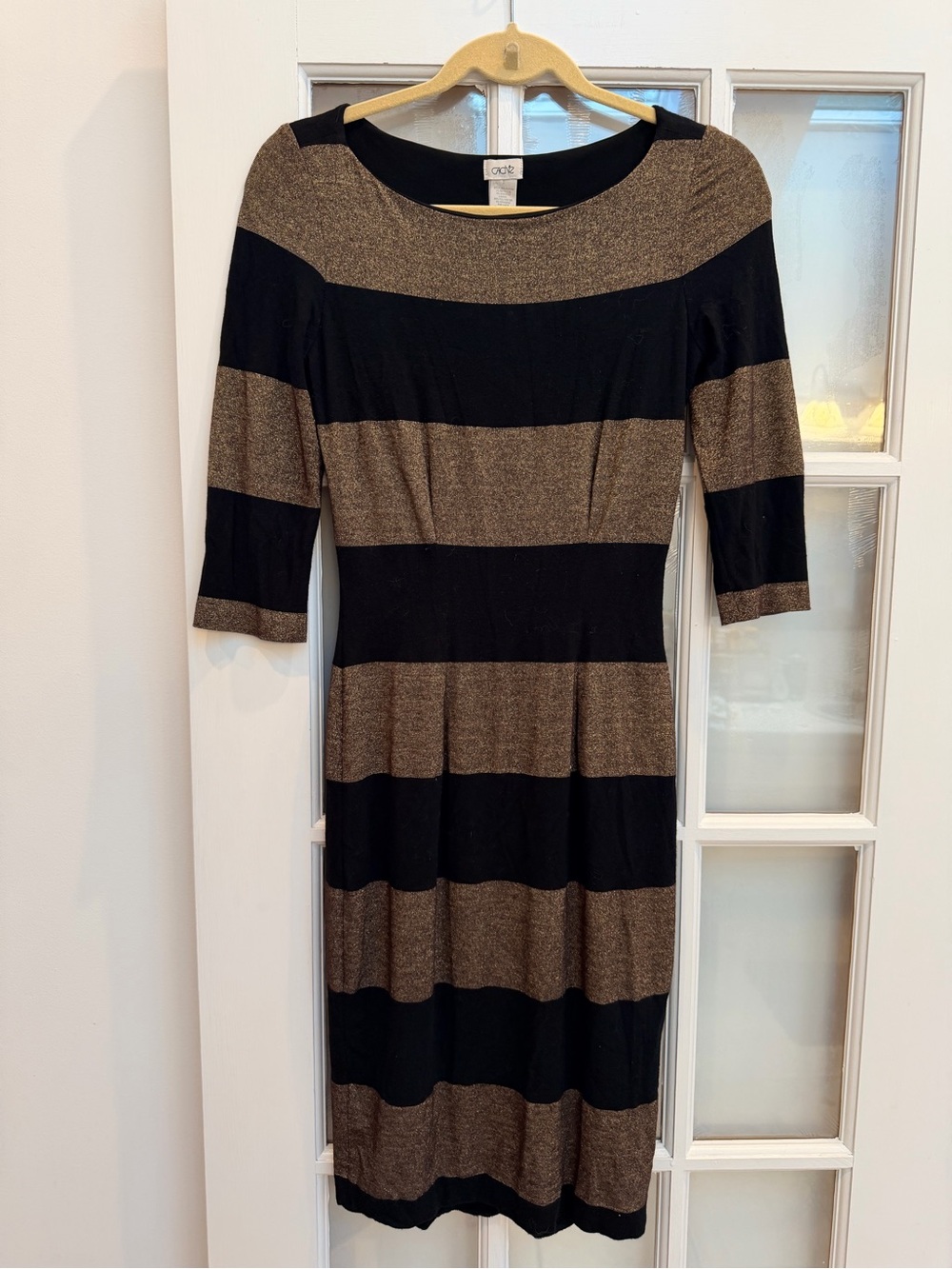 Vintage Cache Y2K Fitted Stretch Metallic Shimmer Gold Stripe Midi Dress Size S